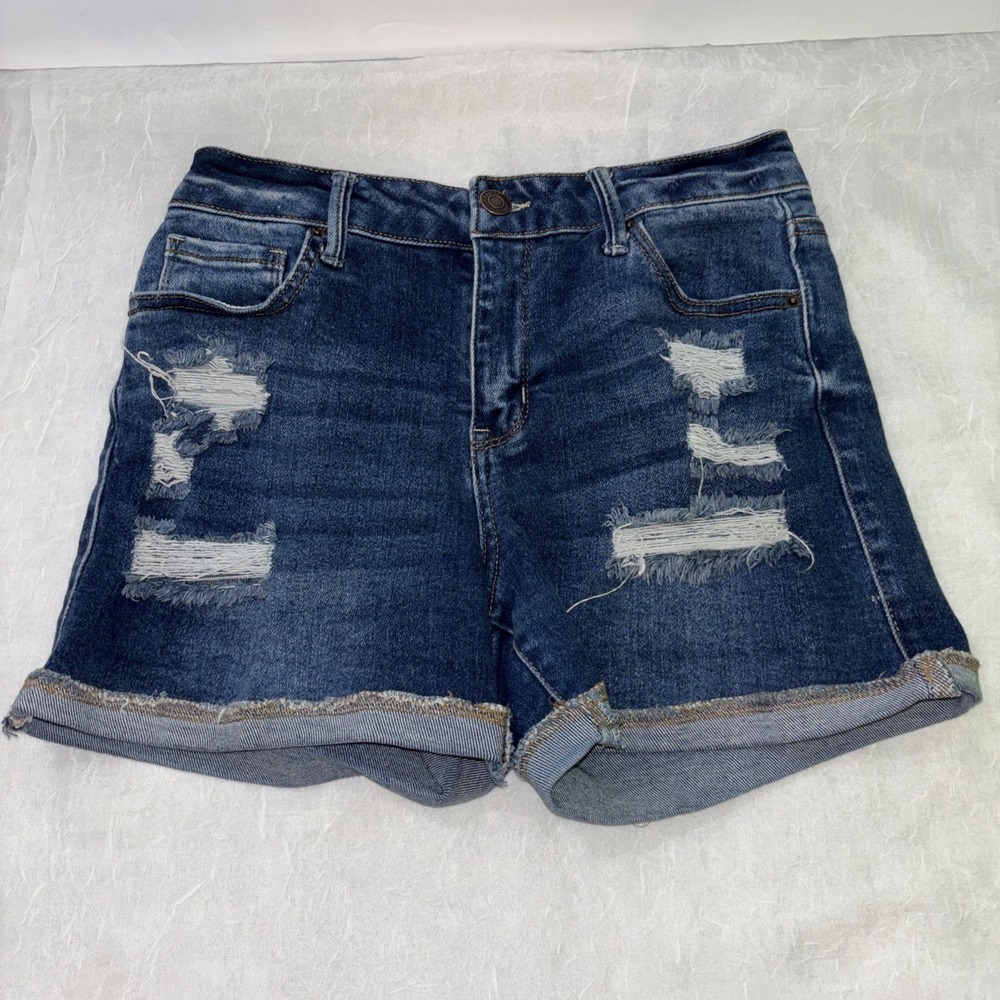 Wax Jean Collection Womens Distressed Denim Shorts Dark Wash Cuffed Size M 90233